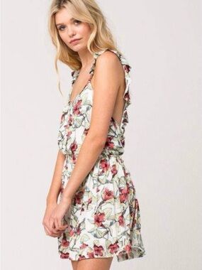 Free People White Floral Ruffle Mini Dress with Red Blossoms